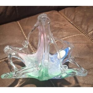 Murano Art Glassware Basket Collectible Italian Venetian 7.25"t x 8"w x 5"d